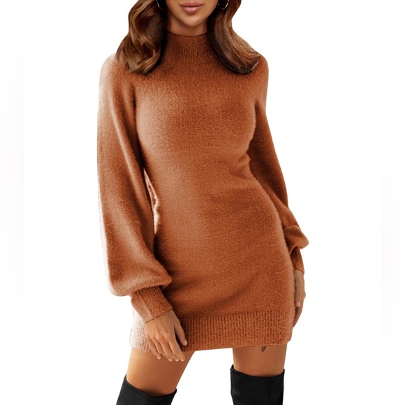 NWT Orange Mock Neck Long Lantern Sleeve Bodycon Pullover Mini Sweater Dress - Picture 1 of 11